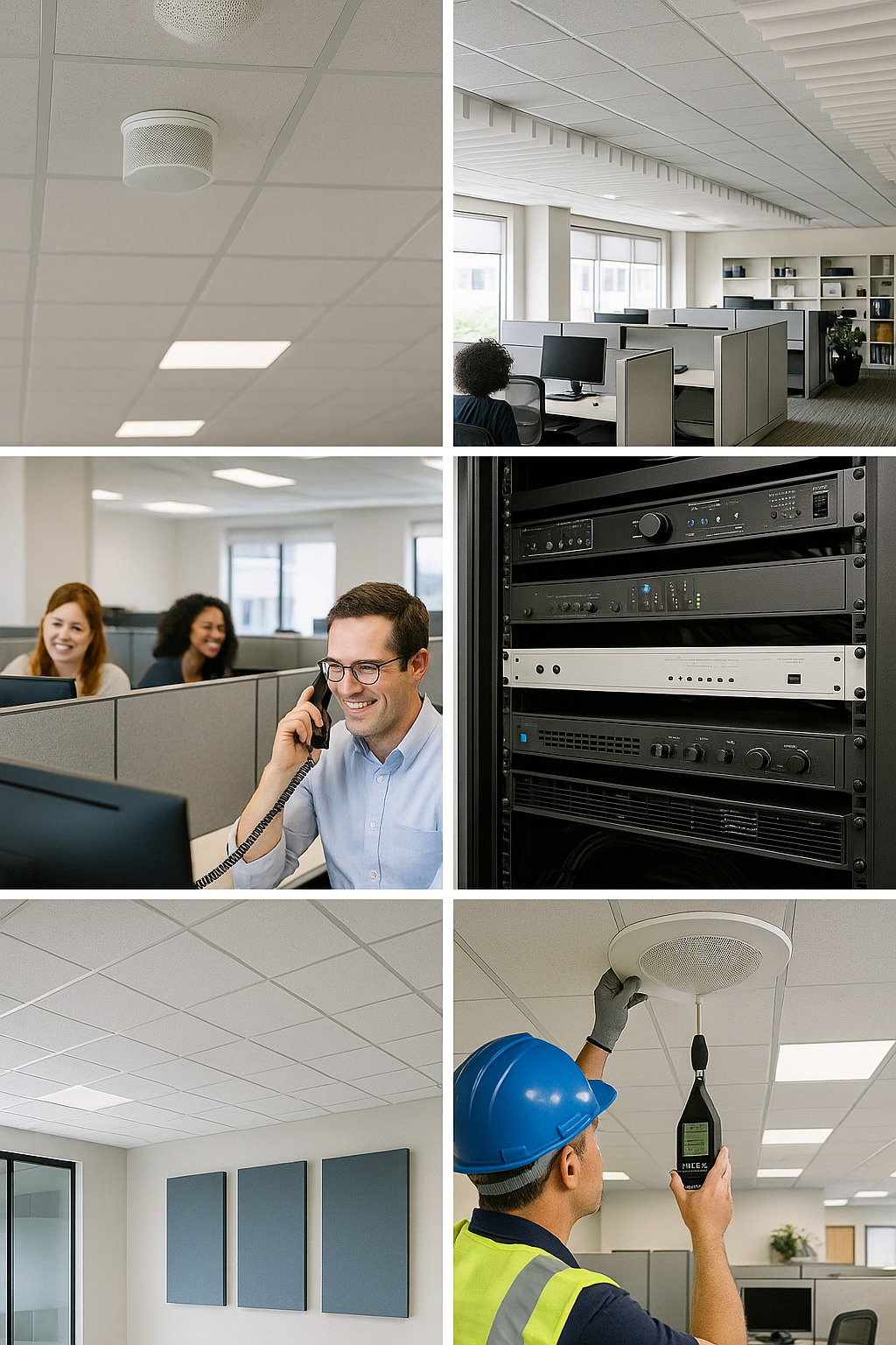 Collage: ceiling emitters, acoustic ceilings, open office environments, call privacy